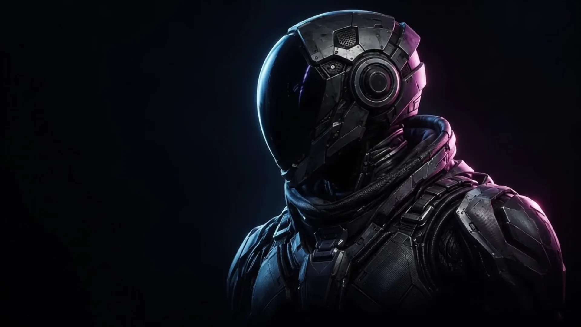 A futuristic explorer lit in cyan and magenta