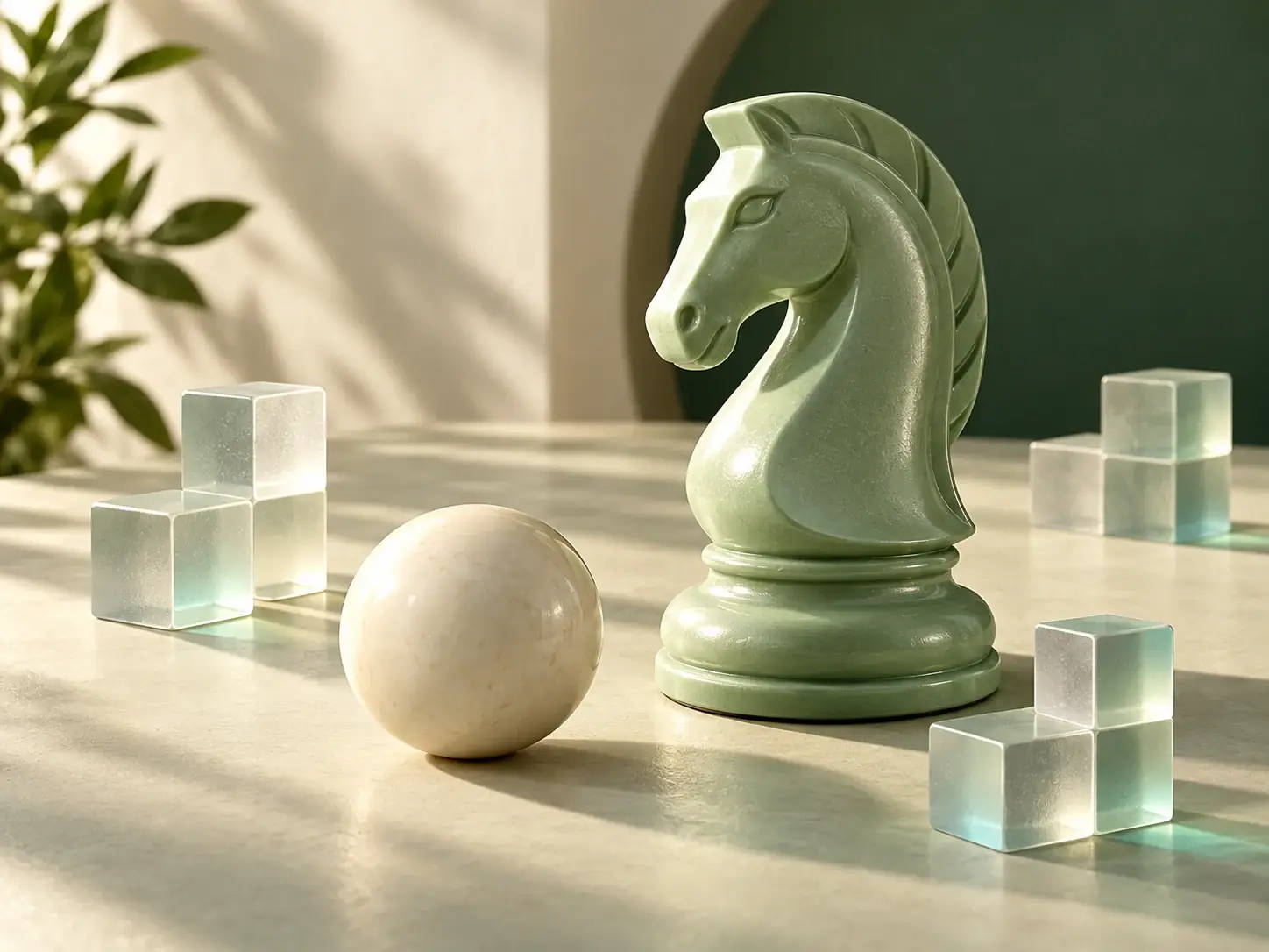 A chess piece and geometric blocks in soft colors
